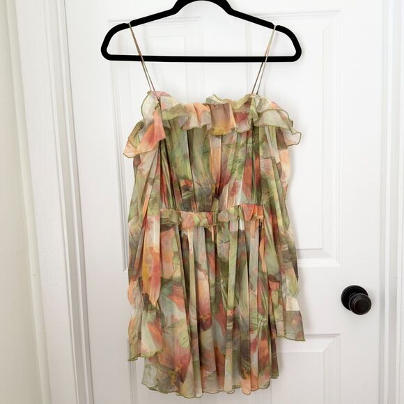 Women ZARA Floral Tulle Off Shoulder Mini Dress in Green Yellow Size Small - Picture 3 of 8